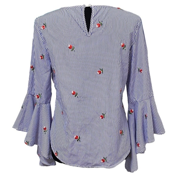 Kontrol Striped Embroidered Floral Bell Sleeve Boho Top Medium - Picture 4 of 8